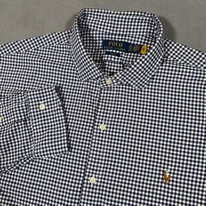 Polo Ralph Lauren Slim Fit Butto Up Shirt Mens 2XL Blue Gingham Check Flesh Pony